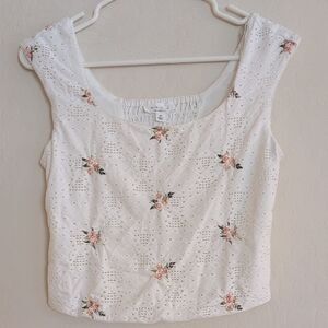 Kirious Floral Crop Top Embroidered White Eyelet Tank - Size M